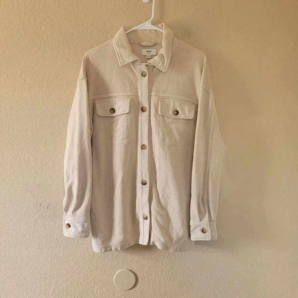 Aerie Oversized Button Shirt Jacket Shackket Womens Xs Beige Layer Button Pocket